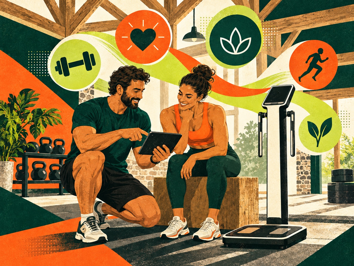 Illustration of a trainer and member reviewing progress together beside a body-composition analyser